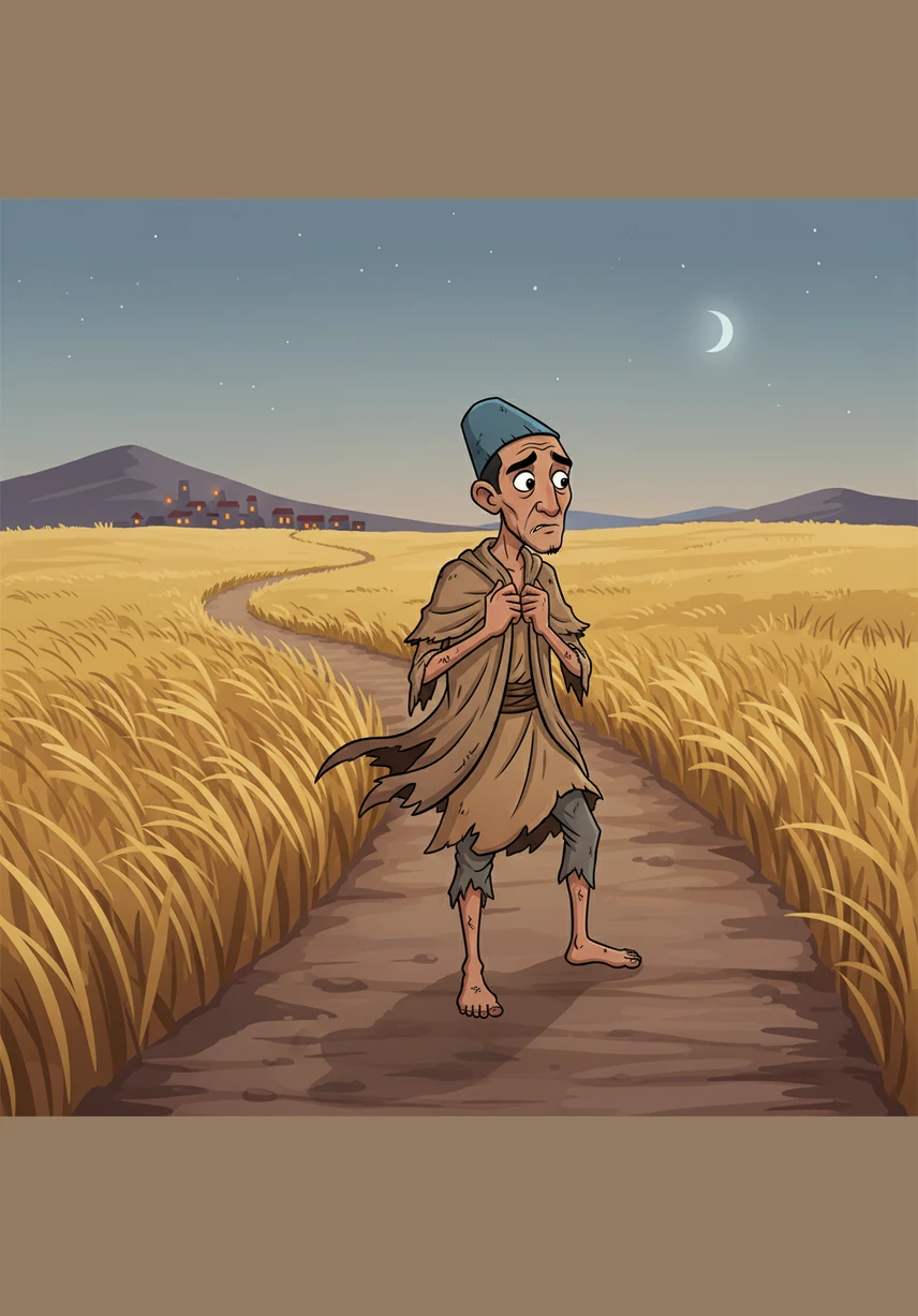 Far away on the lonely road, the greedy Bai is seen walking slowly through the tall grass, his thin rags fluttering in the wind as he realizes he has been outsmarted. He looks back at the distant village lights, finally understanding that his own greed was the trap that caught him.