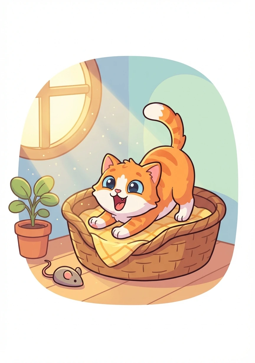 Thomas the kitten woke up in a cozy basket, stretching his paws and yawning wide. Sunlight streamed through the window, beckoning him to start his day.