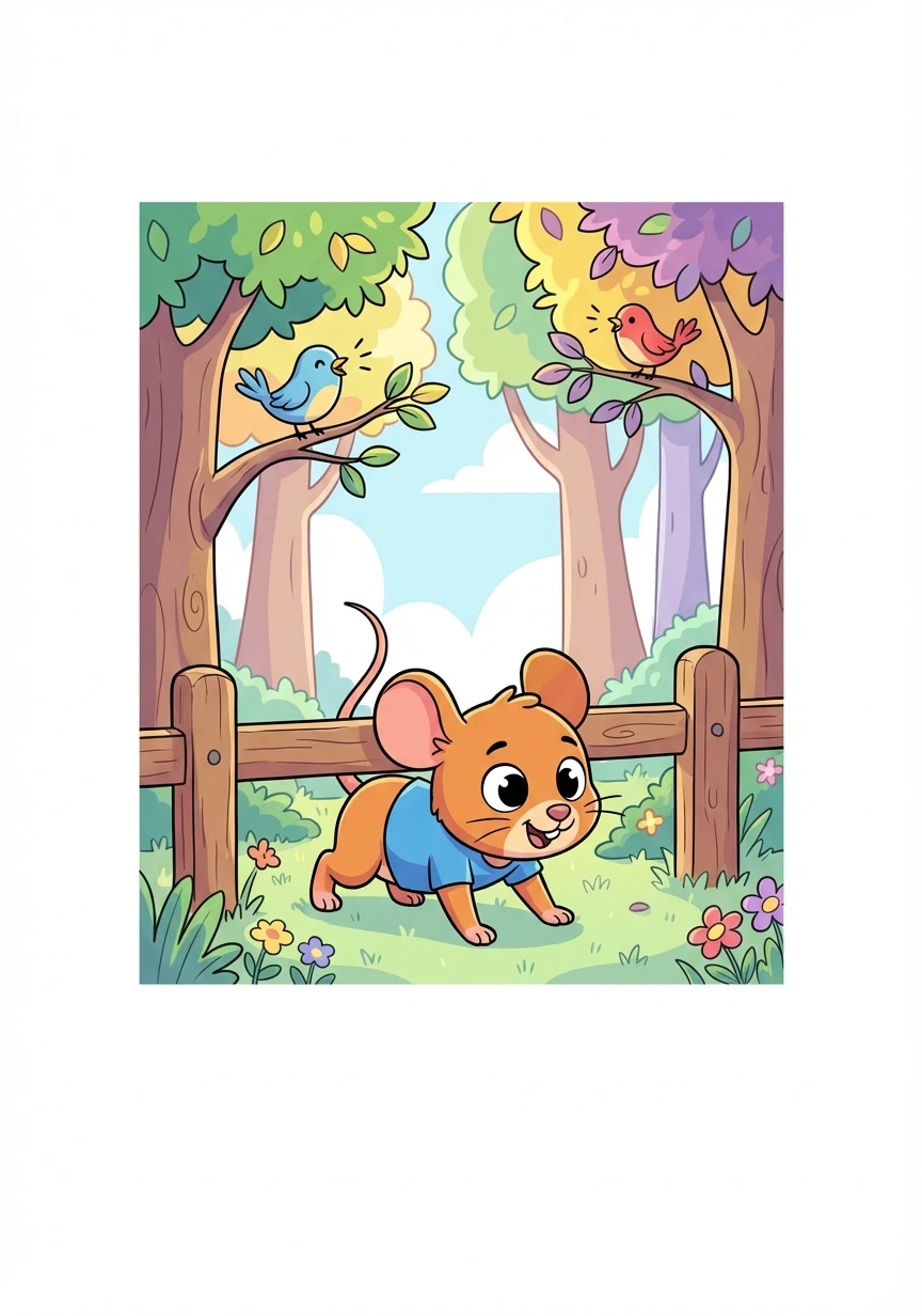 He squeezed under the fence and found himself in a new, even more wondrous garden. Tall trees provided shade and birds chirped merrily.