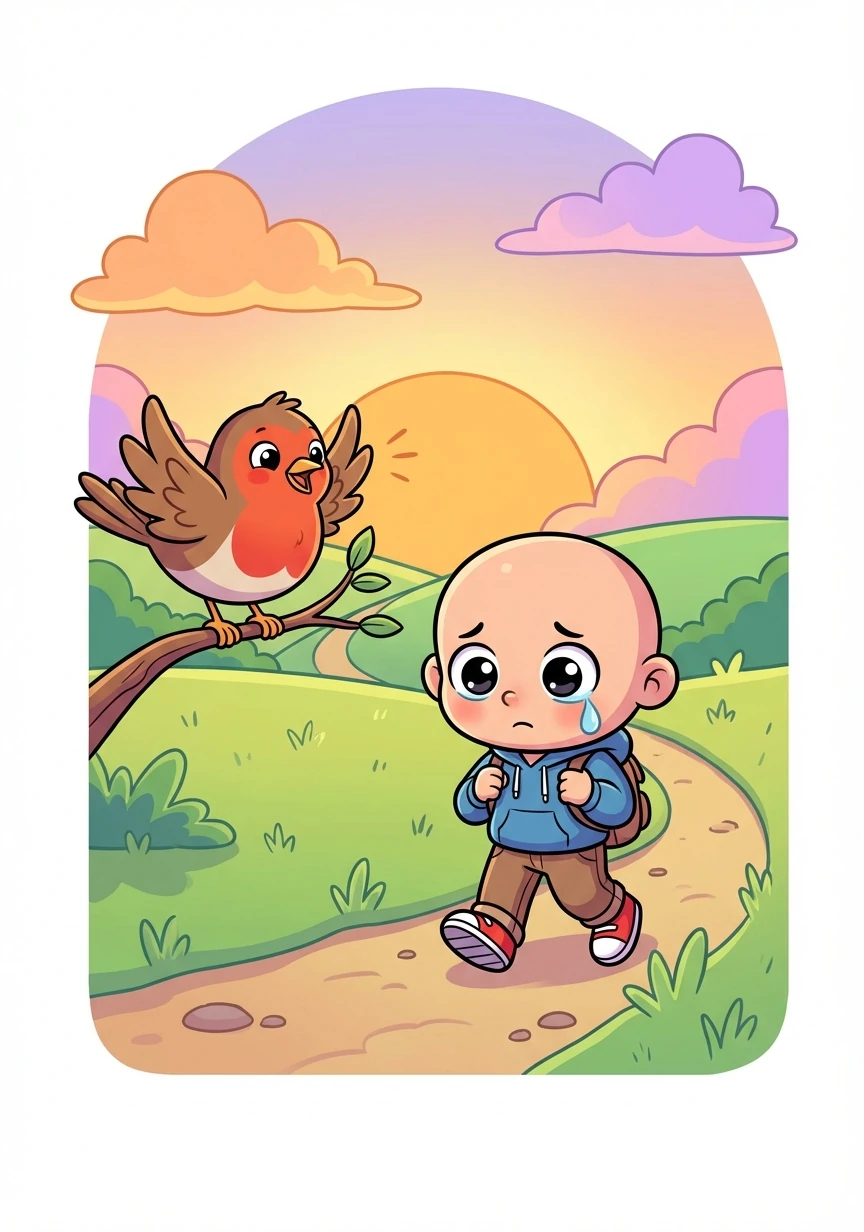 As the sun began to set, Thomas felt a little homesick. The robin offered to guide him back.