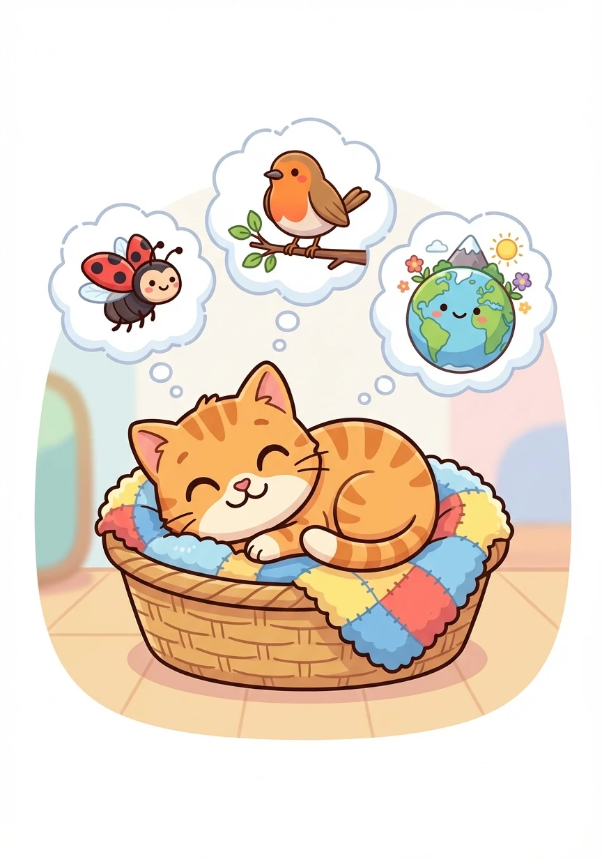 Back in his cozy basket, Thomas drifted off to sleep, dreaming of ladybugs, robins, and the wonders of the world.