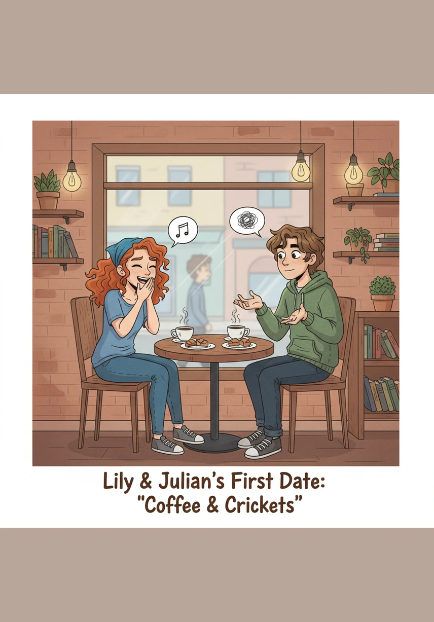 Their first official date at a small cafe was a comedy of errors, filled with long silences and Julian accidentally knocking over a glass of water. Lily sighed and looked at the clock, wondering how much longer she had to endure this awkward encounter while Julian looked down in embarrassment.