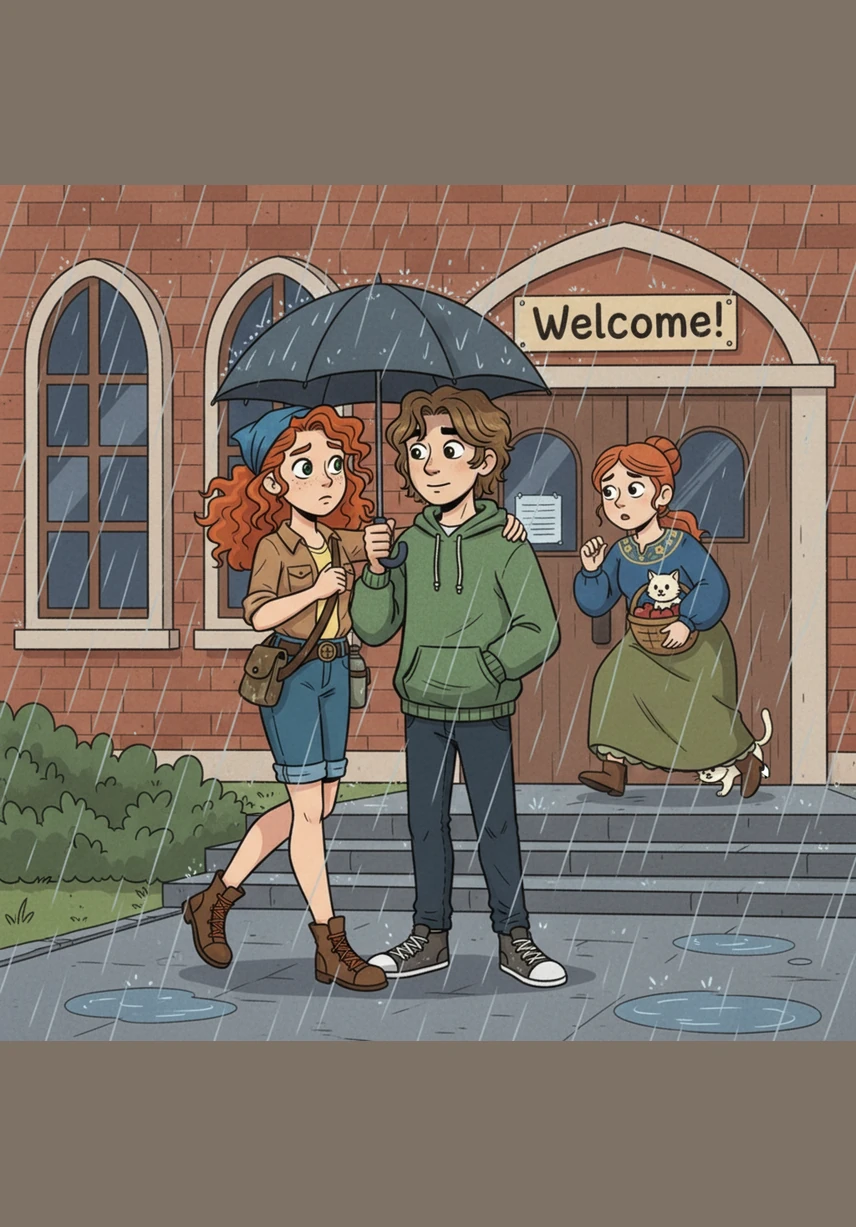 A sudden afternoon downpour caught them both off guard outside the library, forcing them to huddle together under a narrow stone archway. Julian silently offered Lily his jacket to keep her dry, his quiet concern and steady gaze catching her completely by surprise.