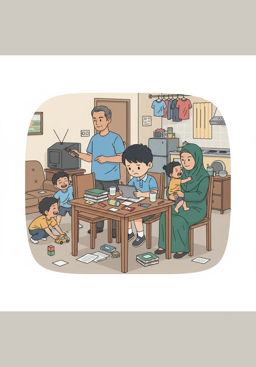 Suasana di rumah Adam agak sesak dengan adik-beradiknya yang lain, menjadikannya sukar untuk fokus belajar dengan tenang di meja makan yang kecil. Kekurangan peranti dan ruang belajar yang kondusif menguji kesabaran keluarga berpendapatan rendah dalam menuntut ilmu secara dalam talian.