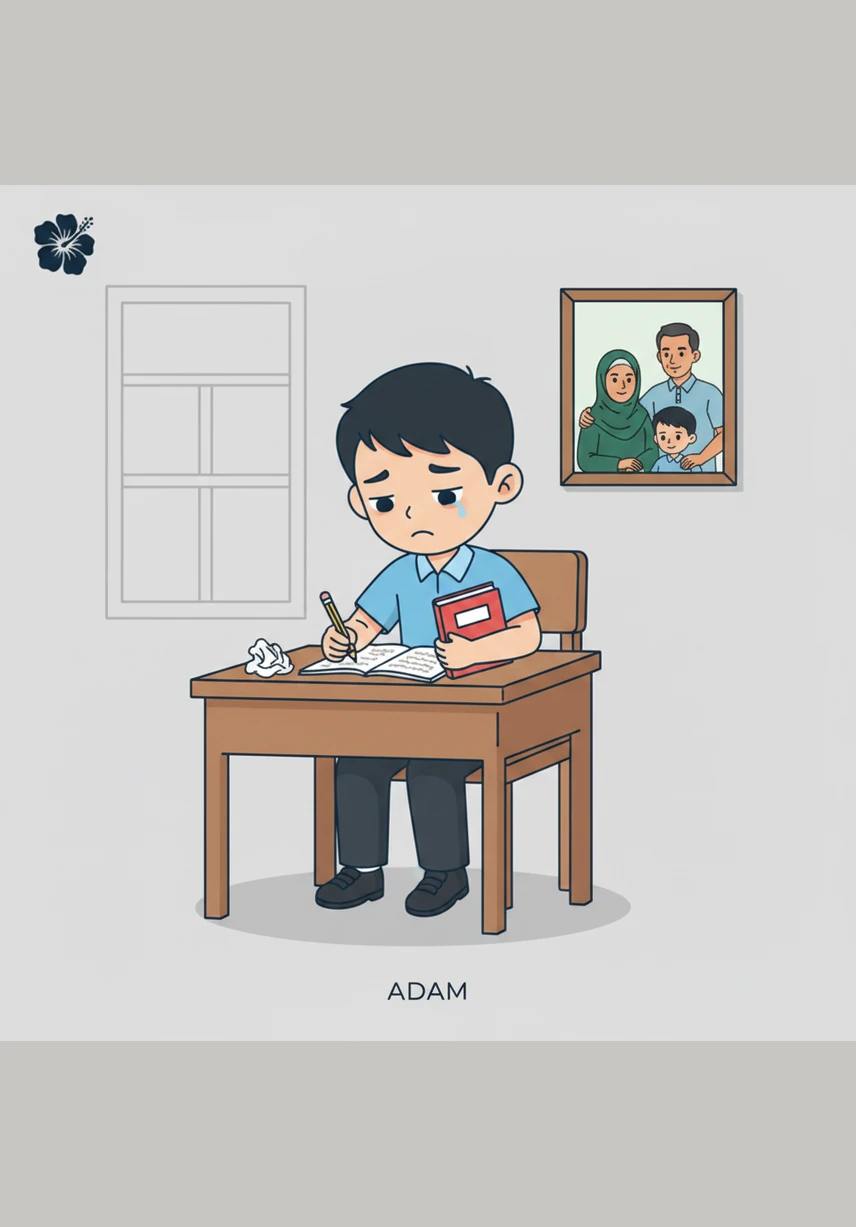Adam duduk termenung memikirkan beban kerja sekolah yang banyak, namun dia menarik nafas dalam-dalam untuk membina semula motivasi dirinya. Efikasi kendiri dan ketabahan emosi adalah kunci utama untuk dia terus beradaptasi dengan norma baharu pembelajaran digital dengan penuh yakin.