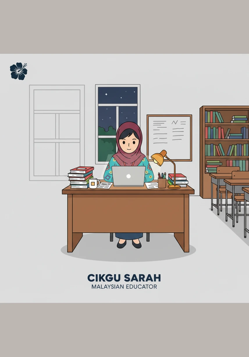 Di sebalik skrin, Cikgu Sarah bekerja keras hingga lewat malam menyediakan bahan pengajaran interaktif yang berwarna-warni untuk murid-muridnya. Walaupun menghadapi kekangan masa, semangat guru untuk menguasai pedagogi digital menjadi nadi penggerak kelas maya yang berkesan dan menyeronokkan.