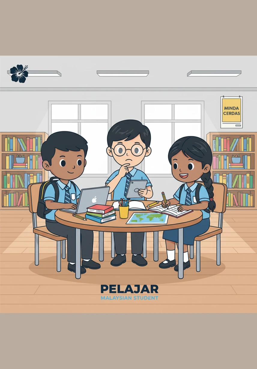 Adam, Chong, dan Muthu berbincang dengan rancak dalam satu bilik darjah maya yang interaktif menggunakan bahasa Melayu yang fasih. Bahasa kebangsaan menjadi jambatan ilmu yang menyatukan mereka, memadamkan perbezaan etnik melalui komunikasi yang harmoni di ruang siber.