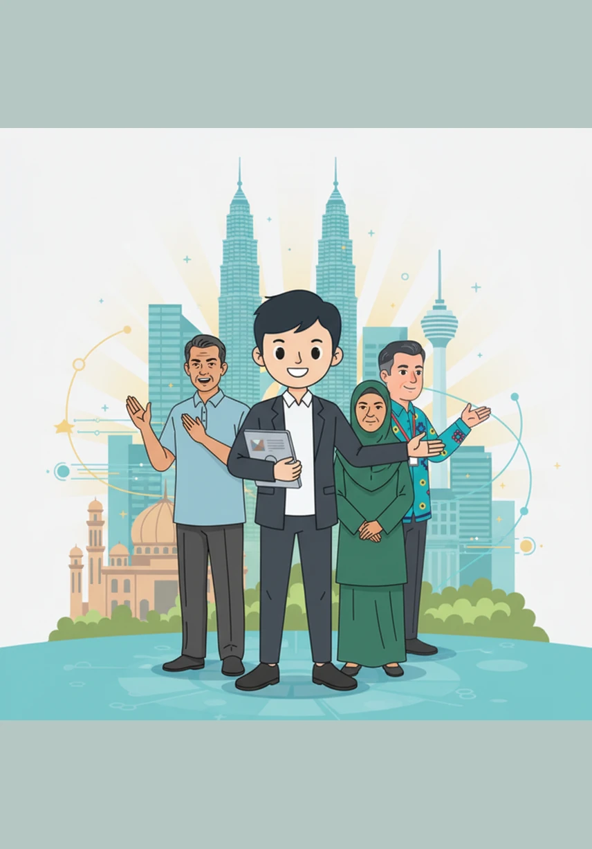 Adam berdiri megah berlatarbelakangkan mercu tanda negara yang ikonik, melambangkan kejayaan modal insan yang lahir daripada sistem pendidikan yang bersepadu. Perpaduan nasional kini bukan lagi impian, tetapi realiti yang dibina melalui tekad, ilmu, dan integrasi teknologi yang bijak dalam jiwa setiap rakyat.