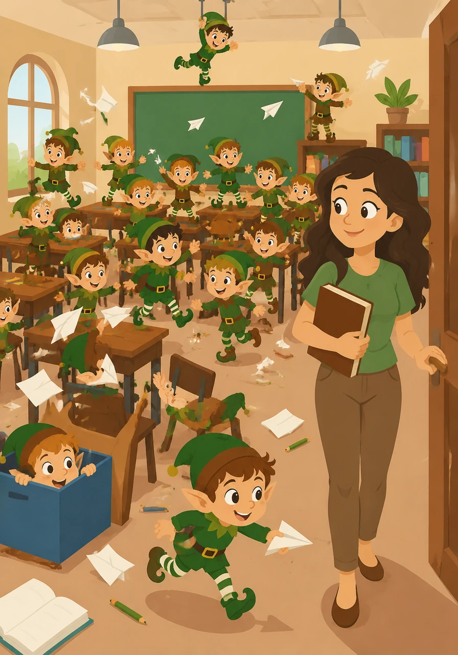 La maestra Sofía entra a un salón de clases sumido en el caos absoluto, donde treinta pequeños duendecillos corren, saltan sobre las mesas y lanzan aviones de papel por los aires. Con una sonrisa paciente y un gran libro bajo el brazo, ella observa el desorden, lista para transformar el revuelo en una gran aventura.