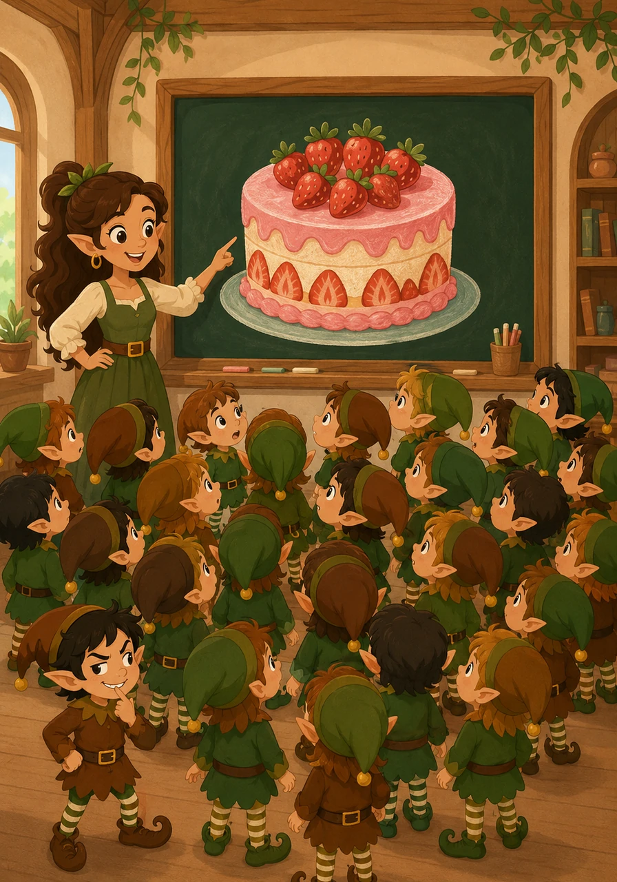 Sofía camina hacia el pizarrón y dibuja un enorme y brillante pastel de fresas que capta de inmediato la atención de los treinta duendecillos, quienes dejan de correr y se acercan con los ojos abiertos por la curiosidad. El silencio se apodera del aula mientras todos se preguntan cómo lograrán probar un trozo de ese delicioso postre.