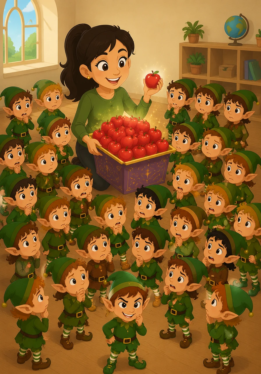 Para comenzar el juego, la maestra Sofía saca de una caja mágica treinta brillantes manzanas rojas y les explica que el gran reto del día es repartirlas en partes exactamente iguales. Los duendecillos se miran entre sí confundidos, murmurando que ellos no se saben las difíciles tablas de multiplicar y que es una misión imposible.