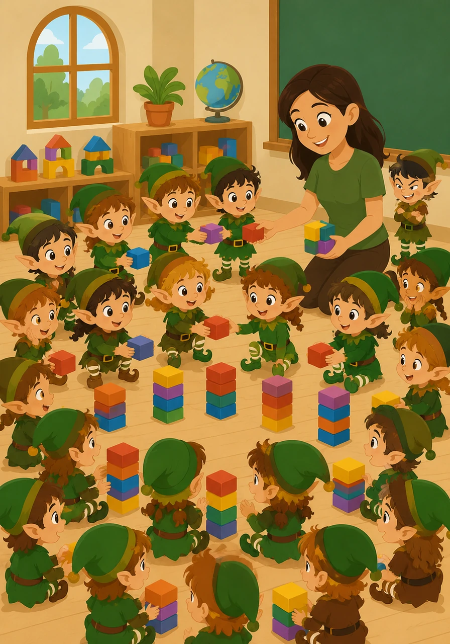 La maestra entrega un montón de bloques de colores a los líderes de cada grupo y les propone repartirlos uno a uno, como si dieran cartas en un juego de magia. Los duendecillos empiezan a pasar los bloques con cuidado, observando con asombro cómo los montones se vuelven iguales de forma natural y divertida.