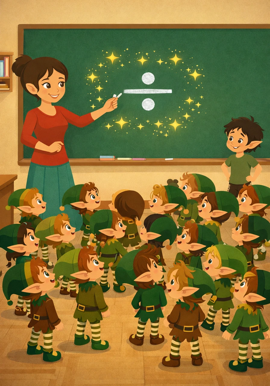 Sofía dibuja en el pizarrón el signo de la división rodeado de estrellas doradas, explicándoles que ese símbolo es una llave mágica para que nadie se quede sin su parte. Los treinta alumnos miran la pizarra fascinados, perdiéndole el miedo a las matemáticas al verlas como un juego de generosidad.
