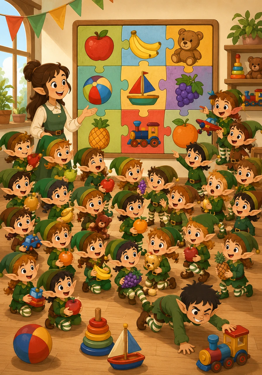 Guiados por la maestra, los niños resuelven juntos un gran acertijo numérico en la pared usando dibujos de frutas y juguetes en lugar de números abstractos. El salón se llena de risas y exclamaciones de alegría cada vez que logran repartir los elementos de manera perfecta.