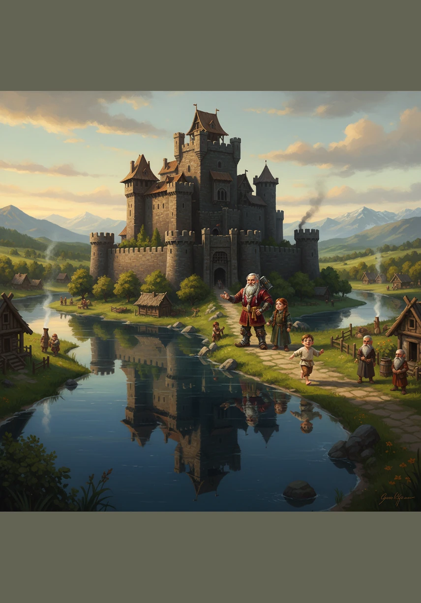 The majestic Castle Mizen stands tall at the center of the kingdom, its ancient stone walls reflecting in the deep blue waters of a revitalized river. After the Great War, this fortress has become a sanctuary where life begins to flourish once more, signaling a new era for the dwarven people.