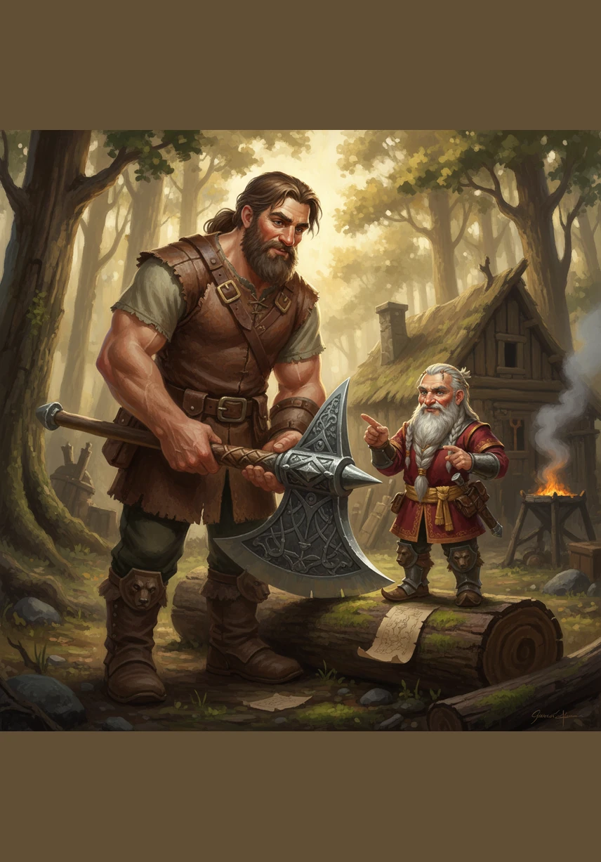 Johnny the giant, a gentle soul despite his towering four-meter height, works diligently with his woodworking tools to craft benches for the coming celebration. Nick watches his friend with a mix of pride and envy, still searching for his own unique talent in a world that values craftsmanship and song.