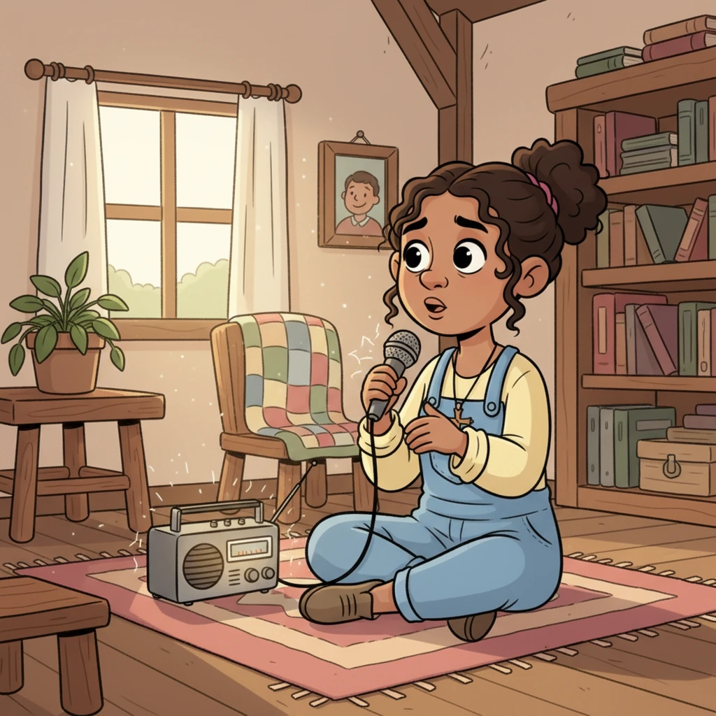 In her cozy, humble cottage, Elara sat beside an old, crackling radio, her eyes filled with hope. She held a small microphone close, her voice soft but clear as she asked for help, believing deeply that her prayers would be heard. Though her home was simple, it radiated a quiet warmth, a testament to her resilient spirit.