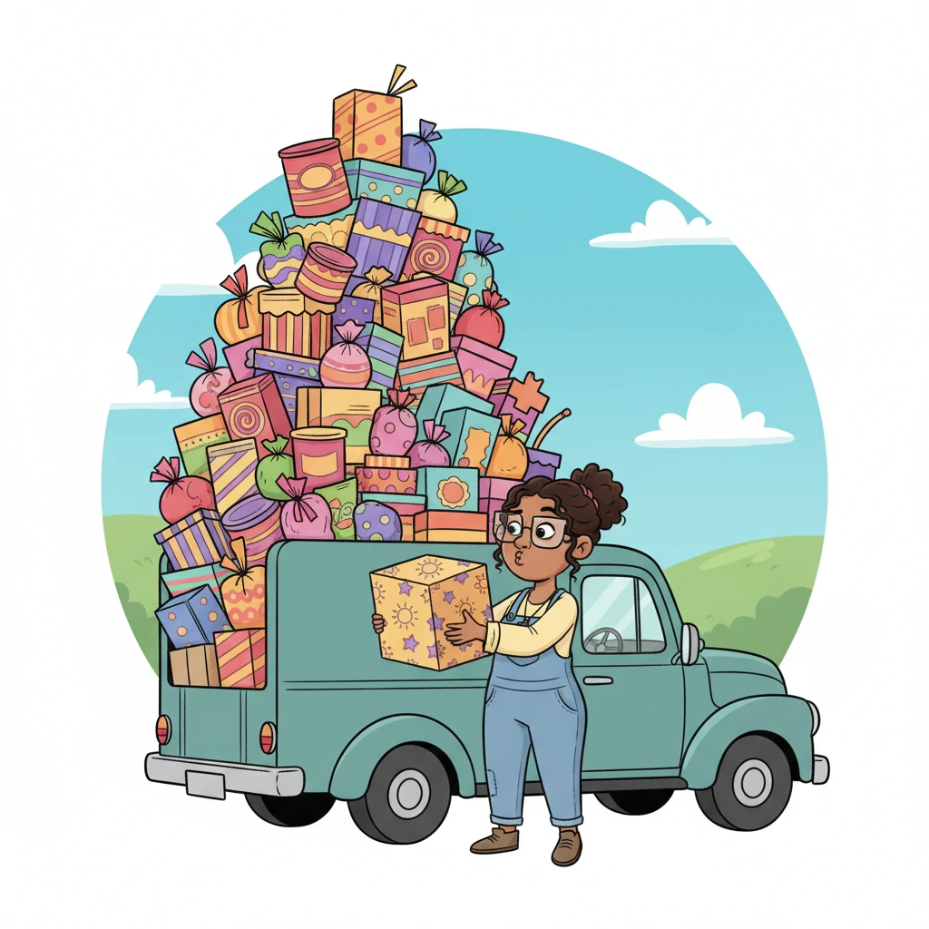 Ms. Periwinkle, a picture of efficiency, began loading a comically large array of colorful food packages into a sturdy, old-fashioned delivery truck. The boxes were stacked high, overflowing with an abundance of goods, ready for their unusual journey. Each package promised a delightful surprise, bursting with vibrant colors.