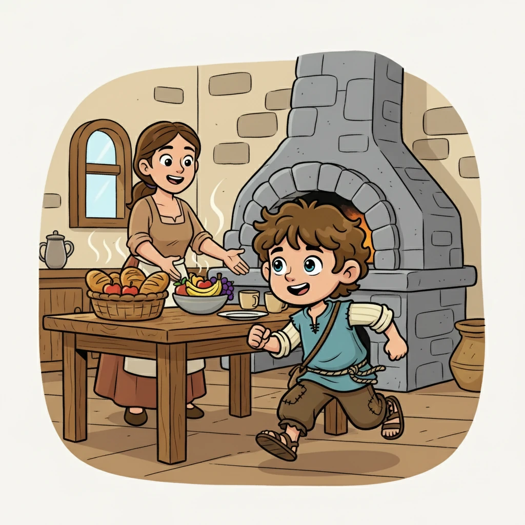 Estevan correu para a cozinha, onde sua mãe estava preparando o café da manhã. O aroma delicioso de pão fresco e frutas o encheu de felicidade. Sua mãe sorriu e o convidou para se sentar à mesa.