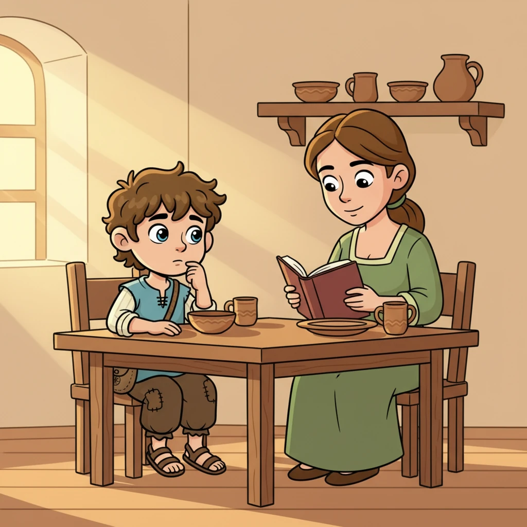 Enquanto comiam, a mãe de Estevan leu uma passagem da Bíblia. Falava sobre a importância de amar ao próximo e de perdoar. Estevan ouviu atentamente, sentindo a mensagem tocar seu coração.