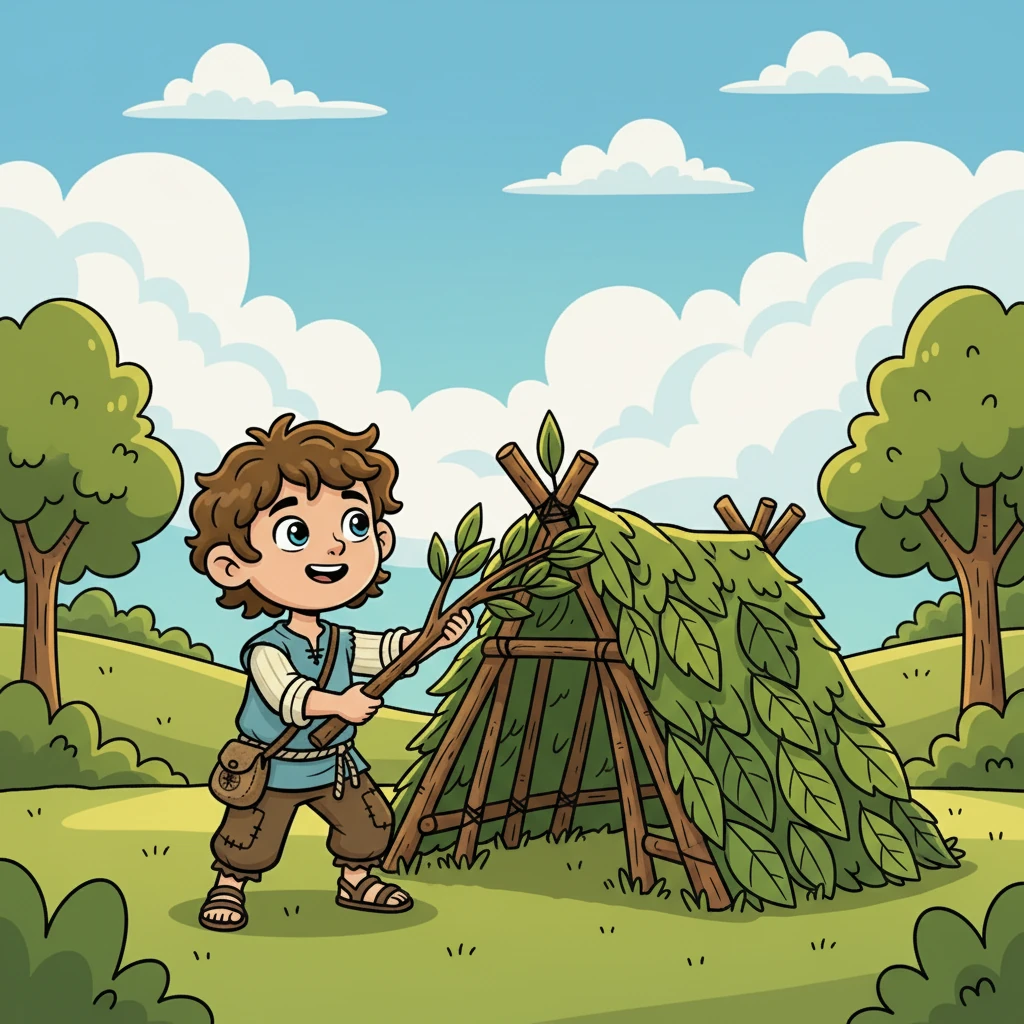 Depois do café da manhã, Estevan foi brincar no quintal. Ele construiu uma cabana com galhos e folhas, imaginando-se em uma grande aventura. Sua imaginação o levava para lugares incríveis.