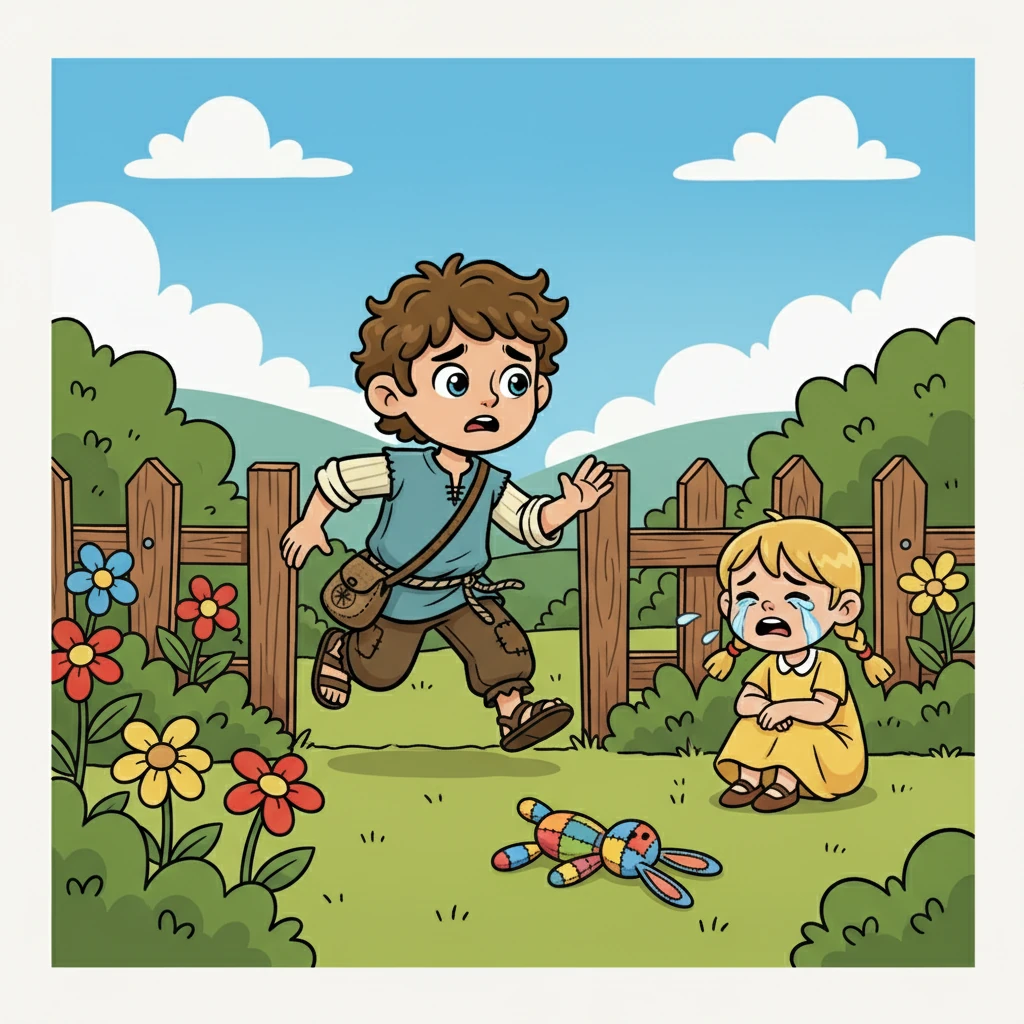 De repente, Estevan ouviu um choro vindo do jardim vizinho. Ele correu para ver o que estava acontecendo e encontrou uma menina triste, que havia perdido seu brinquedo favorito.