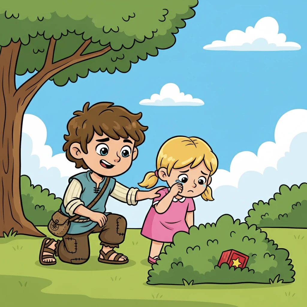 Estevan, lembrando-se dos ensinamentos de sua mãe, decidiu ajudar a menina. Ele a consolou e prometeu procurar o brinquedo perdido. Juntos, eles começaram a busca.