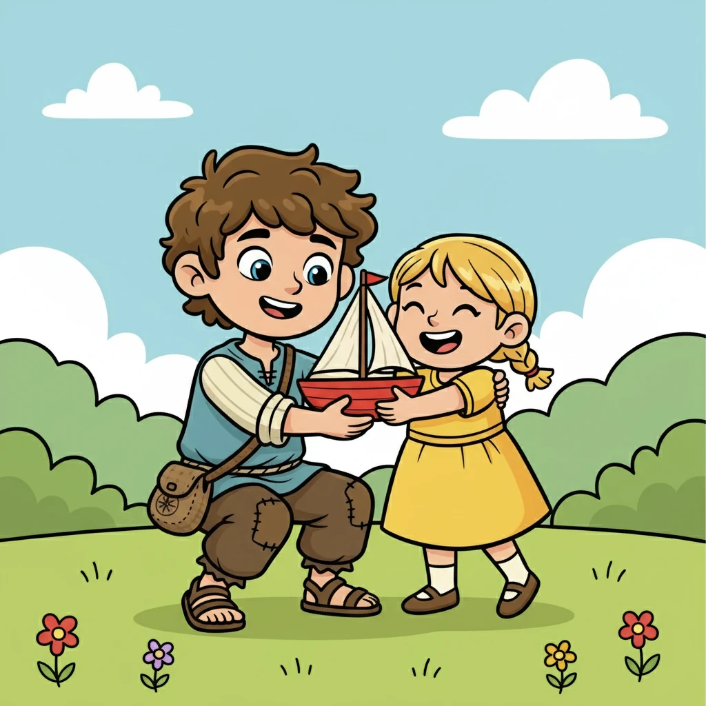 Depois de procurar por um longo tempo, Estevan encontrou o brinquedo! Ele o entregou à menina, que explodiu em alegria. Agradecida, ela abraçou Estevan.