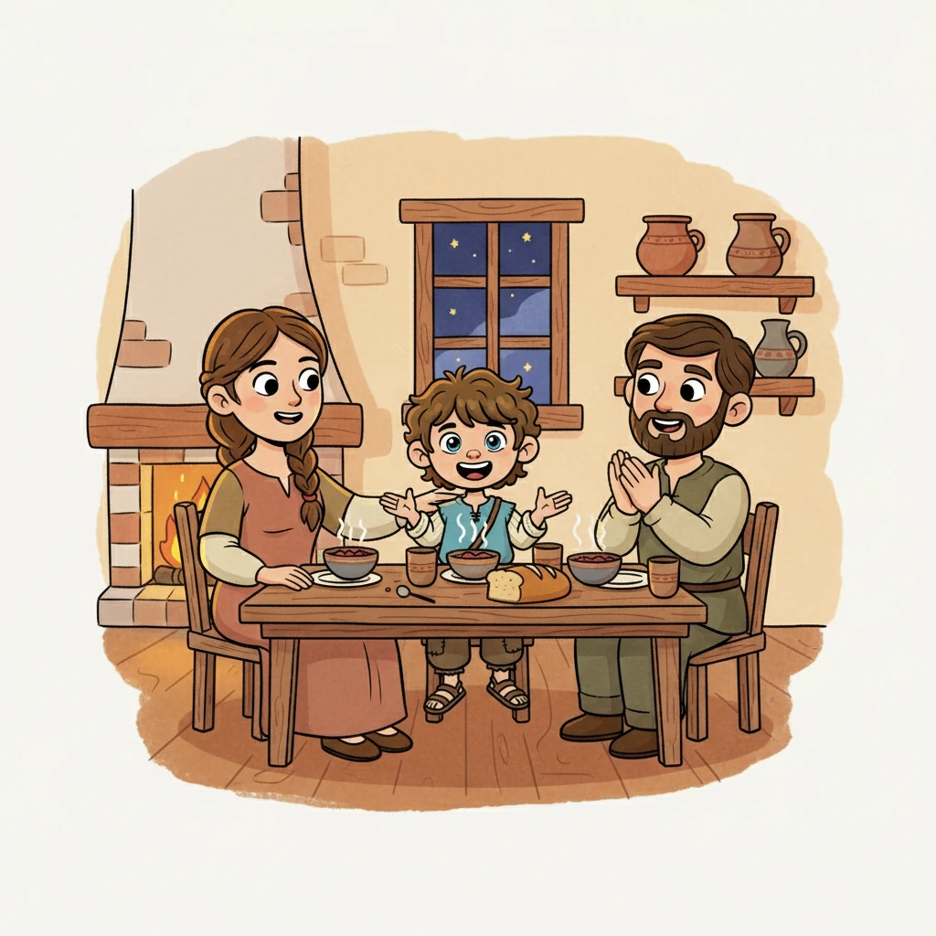 Na hora do jantar, Estevan contou para seus pais sobre sua aventura. Eles ficaram orgulhosos e o parabenizaram por sua atitude. A família celebrou a bondade de Estevan.