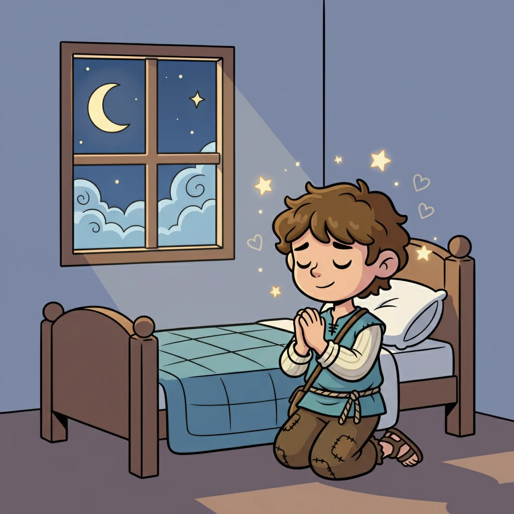 Antes de dormir, Estevan fez sua oração. Ele agradeceu a Deus por todas as bênçãos e pediu para que Ele o ajudasse a ser uma pessoa ainda melhor. Estevan adormeceu em paz, sonhando com um mundo cheio de amor.