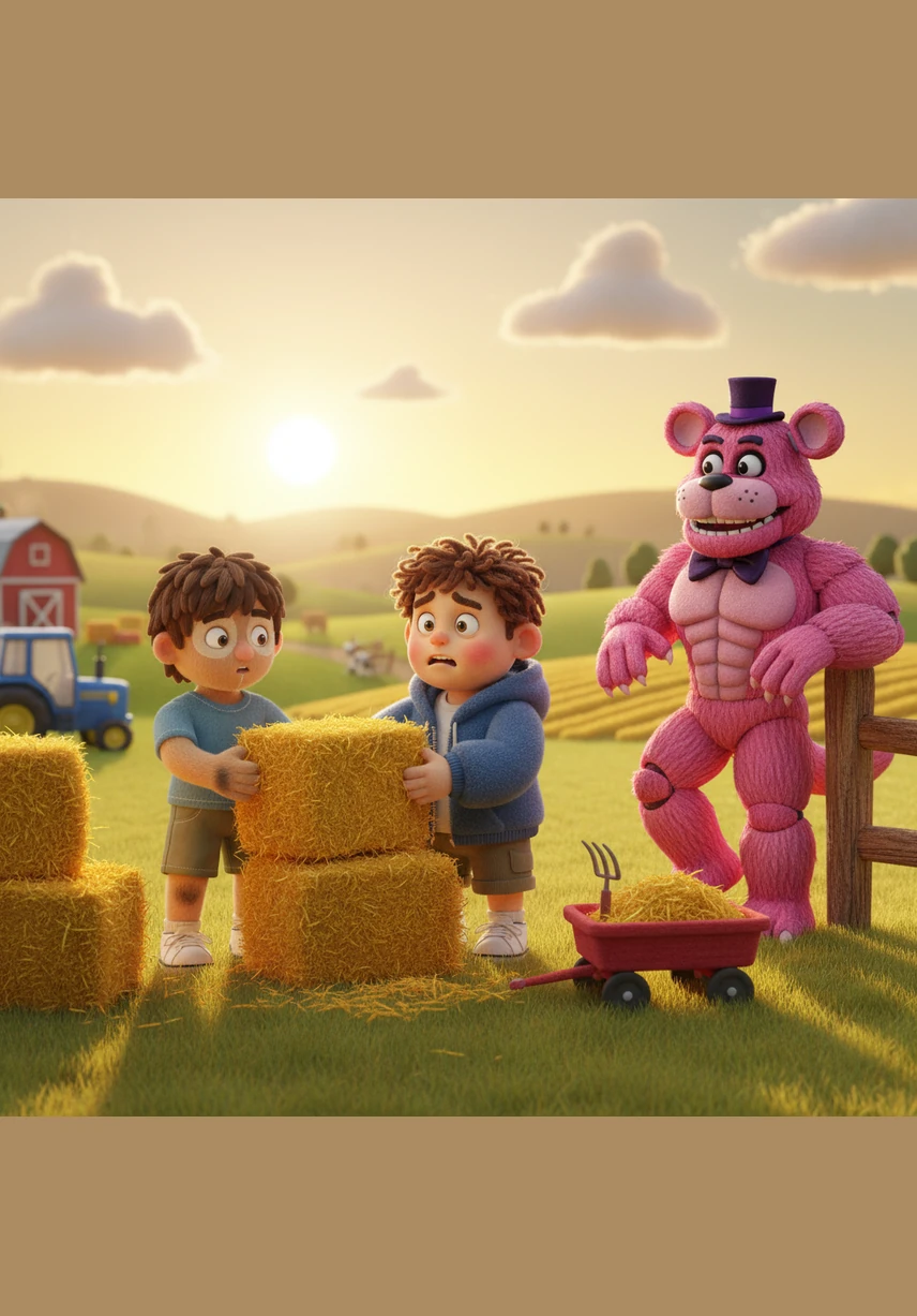 On a golden summer afternoon, Tom and Bob worked hard on the family farm, surrounded by rolling green fields and the warm glow of the sun. They moved hay and finished their chores, enjoying the peaceful atmosphere of the countryside before their break.