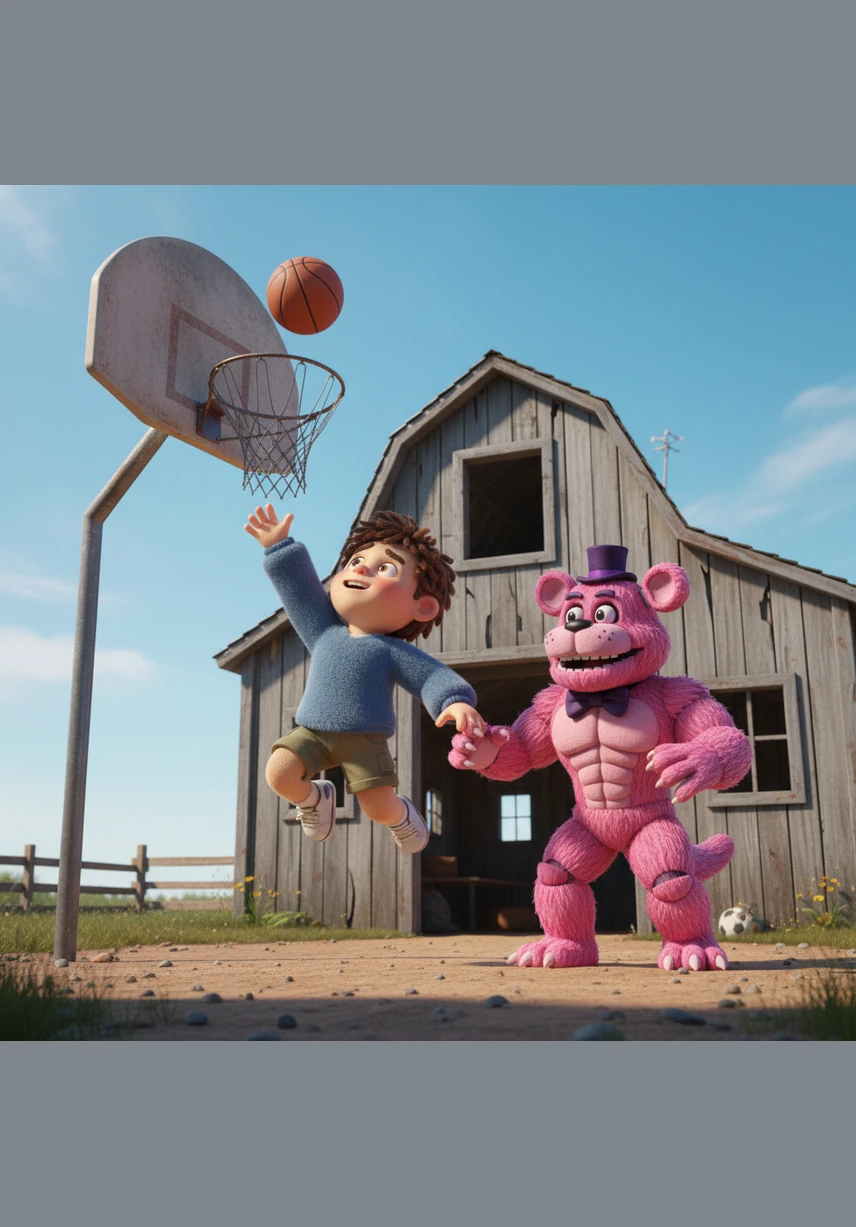 After their work was done, the two friends headed to the dirt court near the barn to play a spirited game of basketball. The rhythmic bounce of the ball echoed against the old wooden walls as they laughed and competed under the clear blue sky.