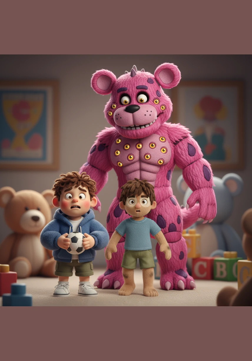 Out stepped a magnificent creature, a bright pink monster named Freddy with tough skin, big scales, and fourteen curious eyes. Despite his spiky tail and intimidating size, his expression was gentle as he looked down at the two surprised boys.