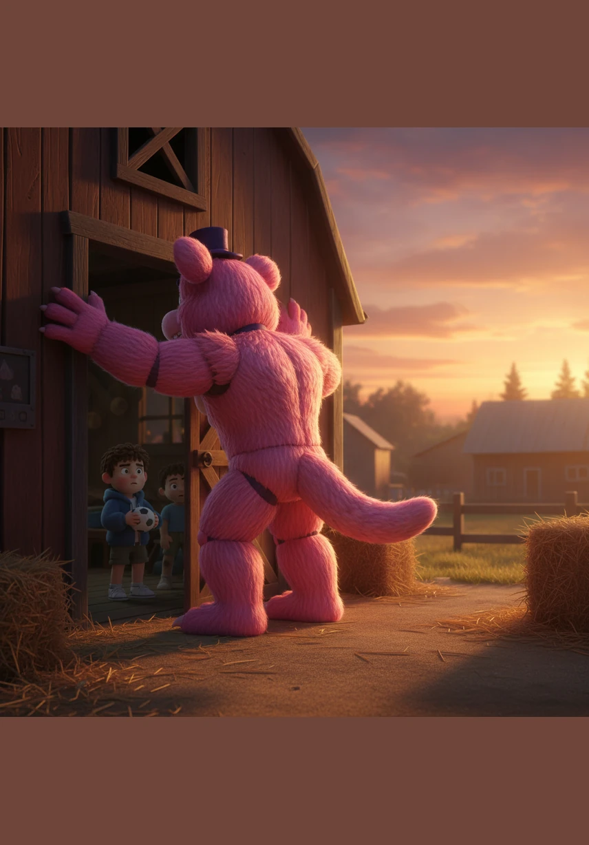When the sun began to set, Freddy tried to follow the boys into the barn to relax, but he was simply too large to fit through the narrow opening. He stood at the entrance, his massive pink shoulders squeezed against the frame, unable to move forward.