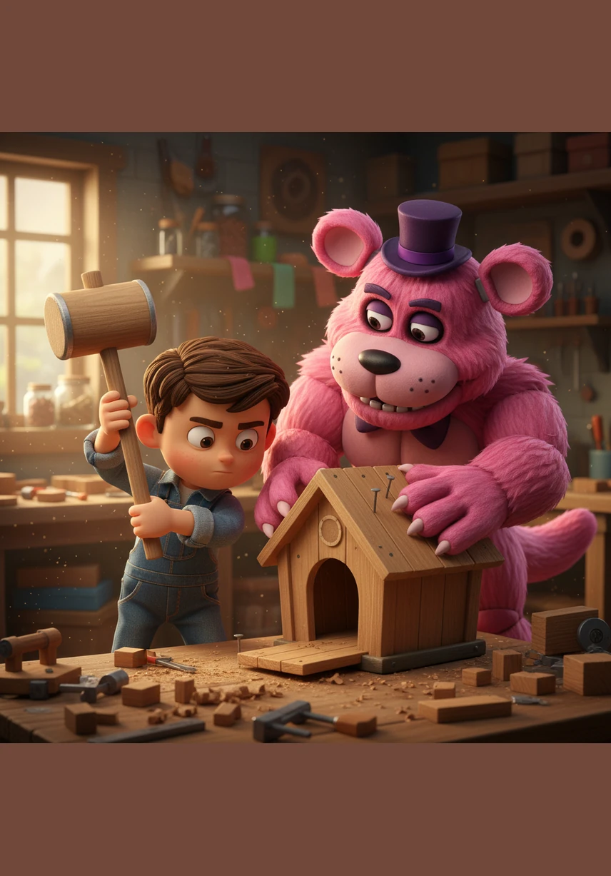 The team worked together to saw through the heavy beams and expand the barn entrance, making it wide enough for their giant new friend. With a bit of carpentry and teamwork, they created a grand doorway that could finally accommodate Freddy’s impressive size.