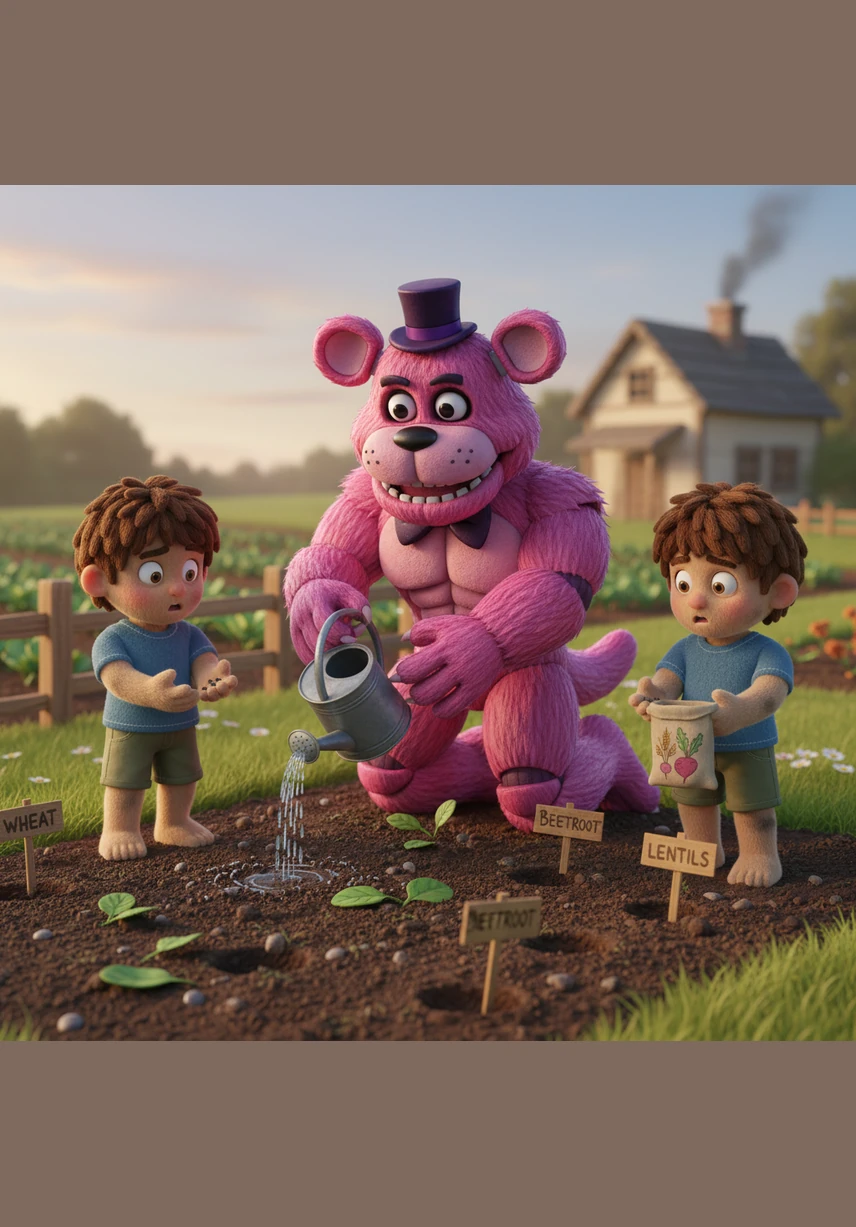 While walking around the farm, Freddy accidentally stepped on the garden, crushing the delicate plants under his heavy feet. To make things right, they all spent the afternoon planting new seeds of wheat, beetroot, and lentils, carefully watering the fresh soil together.