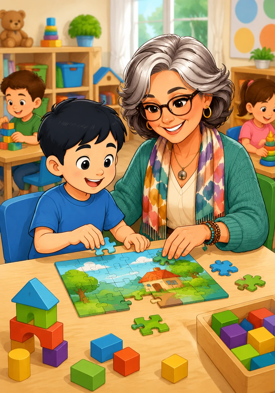 在神奇的治療課教室裡，有很多有趣的玩具和遊戲，老師和同學們都在這裡一起快樂地學習和工作。我的雙手擁有神奇的力量，它們最喜歡用來拼拼圖、搭漂亮的積木，還有和大家一起拍拍手。 [畫面建議：溫馨明亮的特教教室，一個名叫小宇的男孩正微笑著和治療師一起在桌前拼拼圖，桌上還有色彩鮮豔的積木。]