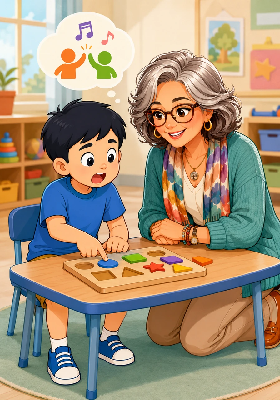 在教室裡，我隨時都可以使用我的神奇安靜法寶，我可以張大嘴巴，大聲地對老師說：請幫幫我。老師聽到我的聲音，就會馬上走過來，用溫柔的話語來協助我解決眼前的難題。 [畫面建議：小宇張開嘴巴，指著拼圖，正在向治療師說話。治療師微笑著點頭，旁邊有一個小氣泡框顯示著音符或互助的象徵。]