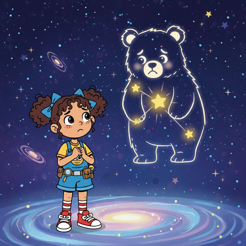 Elas encontraram a Constelação do Urso, que estava triste porque sua estrela principal estava perdendo o brilho.