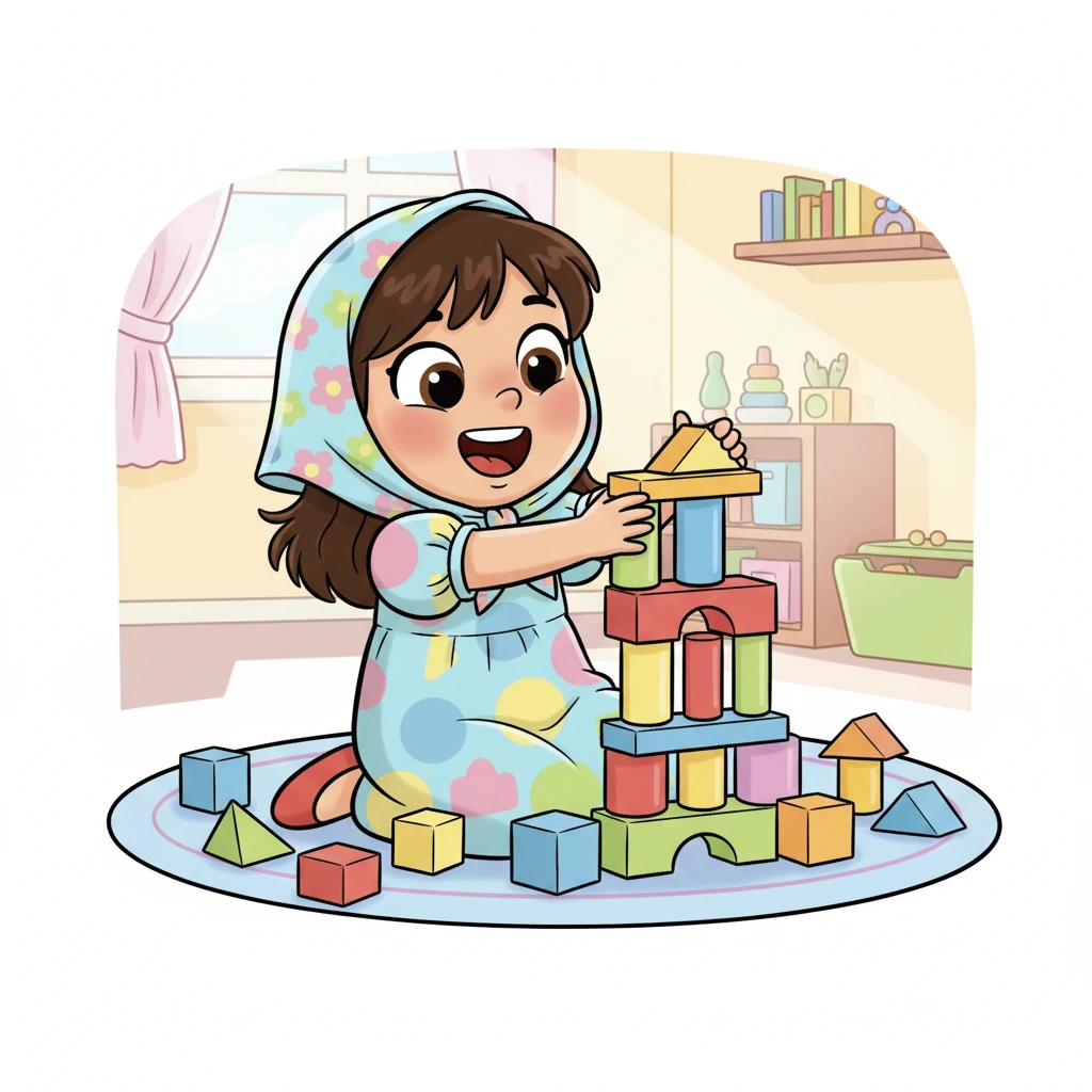 كانت الطفلة الجميلة لارا تلعب بسعادة في غرفتها، تحيط بها مكعباتها الملونة الزاهية. كانت تبني برجًا عاليًا وملونًا، وابتسامة كبيرة تملأ وجهها الصغير المشرق.