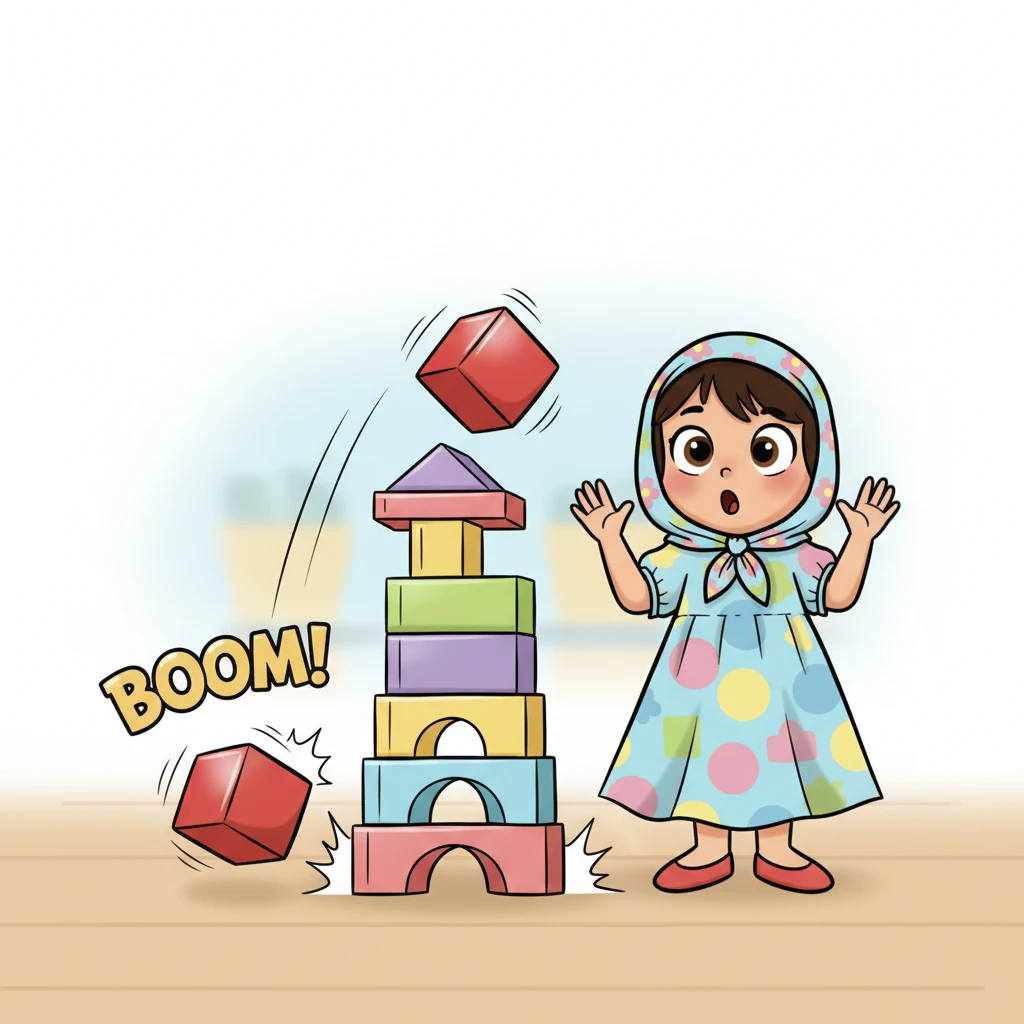 فجأة، وبصوت عالٍ كـ 'بوم!'، سقط المكعب الأحمر اللامع من أعلى البرج. تدحرج على الأرض وابتعد عن باقي المكعبات، تاركًا البرج غير مكتمل.