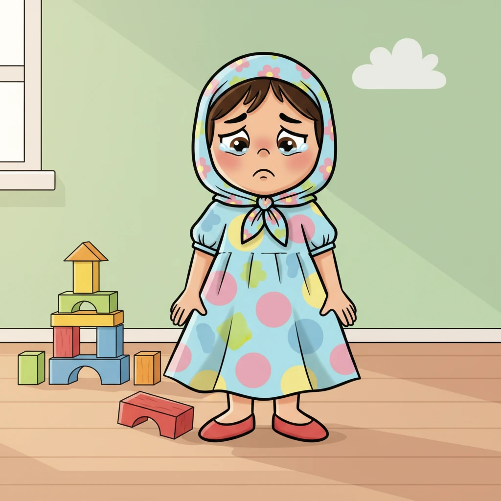 نظرت لارا إلى المكعب الساقط، وعبر وجهها الجميل شعور بالضيق والإحباط. قالت بصوت حزين وصغير: 'أوووه… أنا زعلانة!'