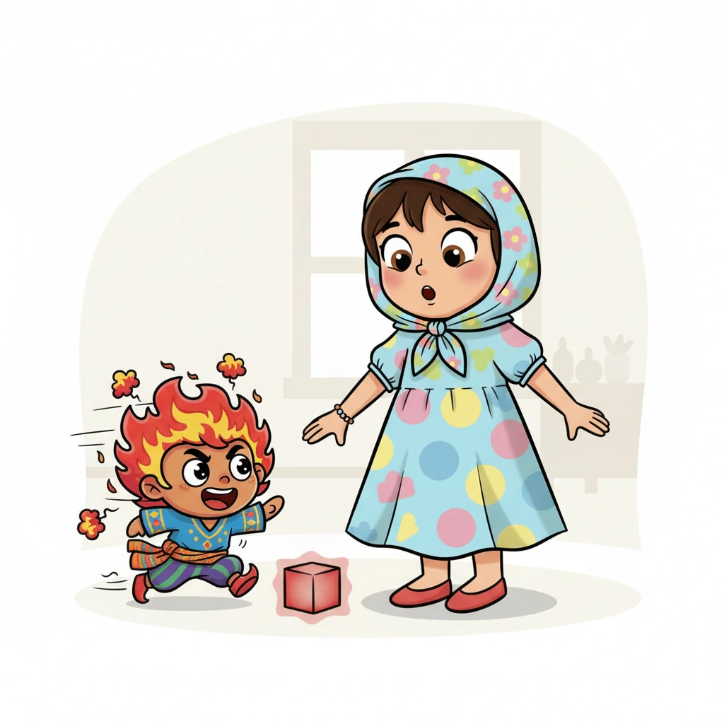 وبينما كانت لارا تنظر إلى المكعب، ظهر فجأة كائن صغير لونه أحمر قانٍ، يتحرك بسرعة وطاقة كبيرة. ابتسم وقال بصوت قوي ومفعم بالحيوية: 'أنا الغضب! أنا أظهر عندما يحدث شيء يضايقك.'