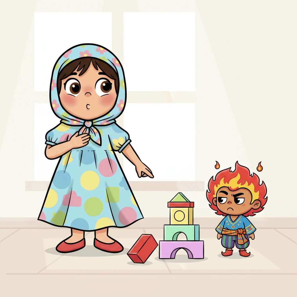 استمعت لارا لنصيحة الغضب، وأخذت نفسًا عميقًا. ثم قالت بصوت هادئ وهي تشير إلى المكعب: 'أنا حزينة لأن مكعبي الأحمر سقط ولم أستطع إكمال برجي.' شعرت الغضب يتقلص قليلًا ويصبح أقل حدة.