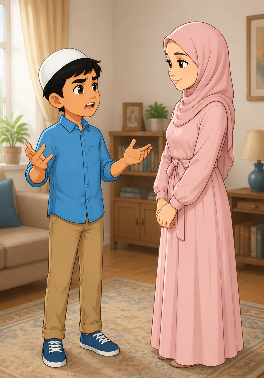 Tariq stands up, looking frustrated as he explains how hard he has already worked this week. His mother stands up too, looking into his eyes with deep affection and calmness, wanting him to understand the importance of his future.