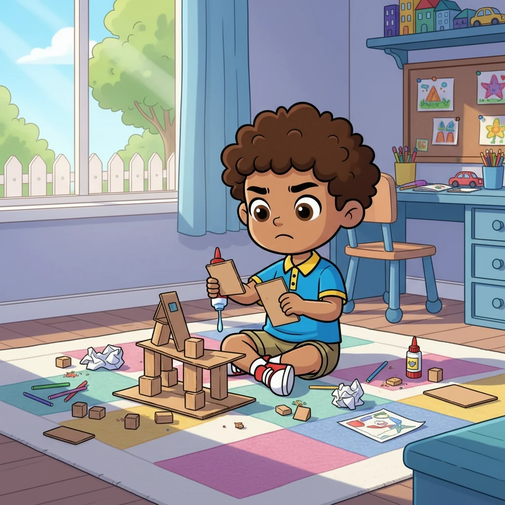 One sunny morning, Juan was tasked with a challenging project: building a model of their school. He gathered his materials, but it seemed more difficult than he anticipated. Frustration began to creep in as the pieces didn't fit.
