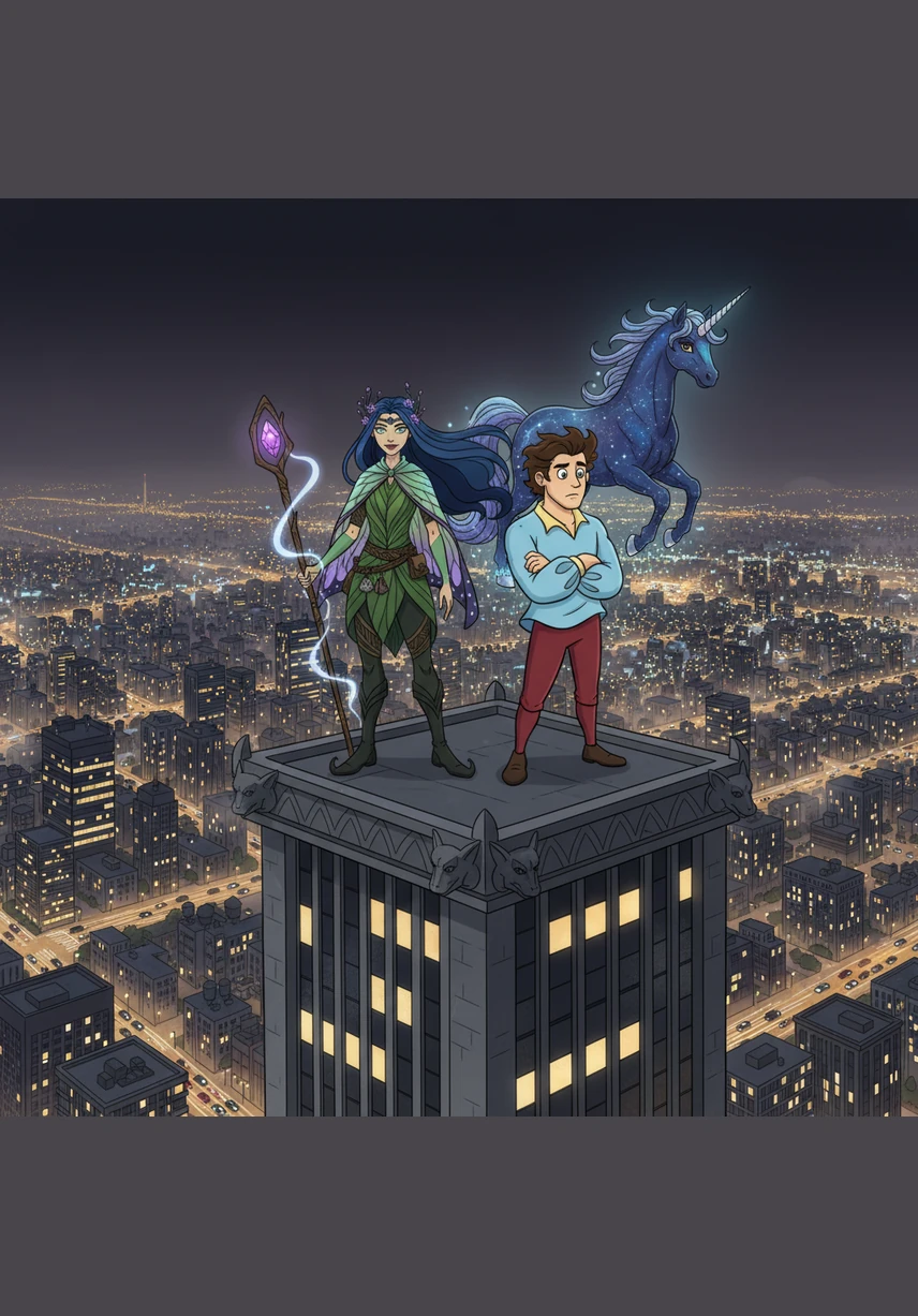 Under the glow of a thousand city lights, Elara and Julian stand on the edge of a towering skyscraper, the wind whipping through their hair. The air is thick with unspoken secrets as they gaze out at the sprawling urban horizon together.