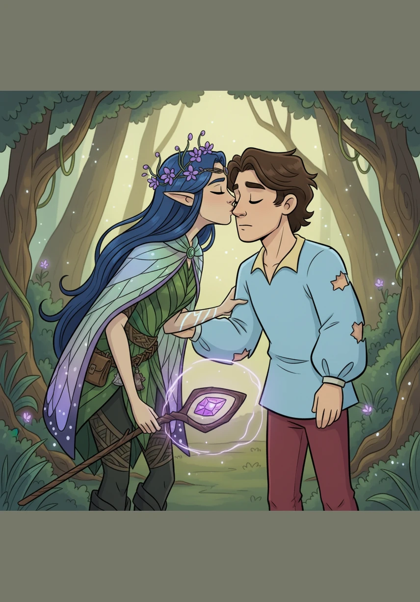 Elara leans in and gives Julian a soft, lingering kiss that seems to stop time itself. It is a moment of pure, quiet intimacy amidst the cold steel and concrete of the heights, framed by the silver moon.