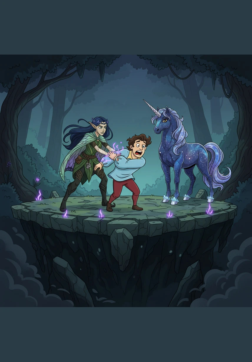 With a sudden and chilling change of heart, Elara places her hands on Julian’s chest and gives him a forceful shove. He stumbles back, his expression of shock frozen as he disappears over the ledge and into the dark abyss below.