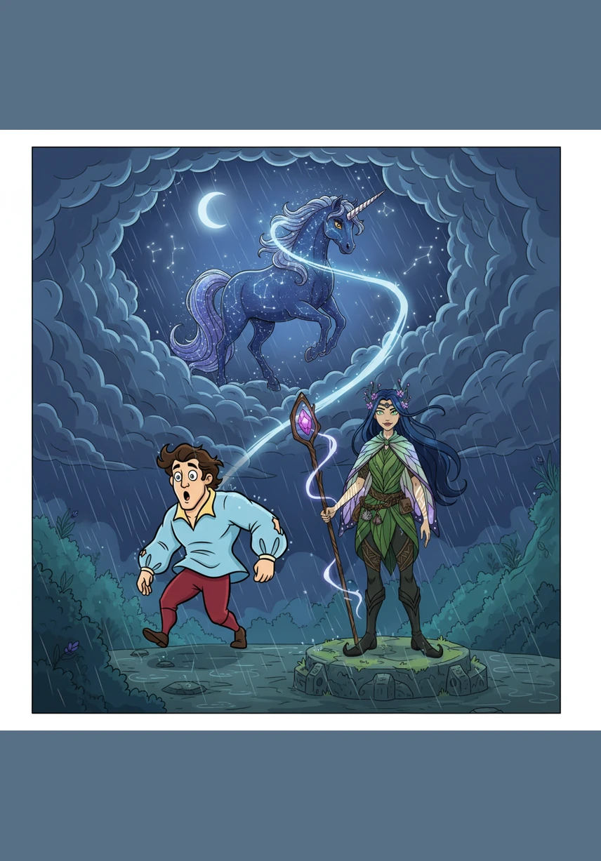 Suddenly, the clouds part and a magnificent unicorn with a coat of shimmering stardust gallops through the empty air. It moves with impossible grace, its horn glowing with a pulsating, ethereal light that cuts through the darkness.